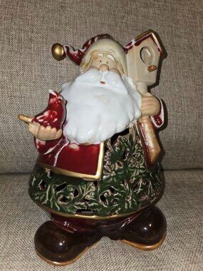 VTG Santa Holding Bird and Birdhouse candle warmer/holder Ceramic